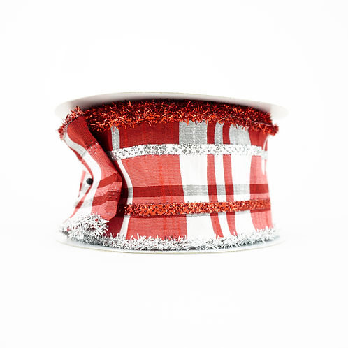 RIBBON 2.5X10YDS DUPIONI PLAID TINSEL RED AND WHITE