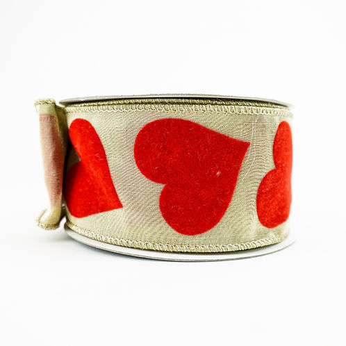 RIBBON 2.5" X 10YDS FLOCKED HEARTS RED