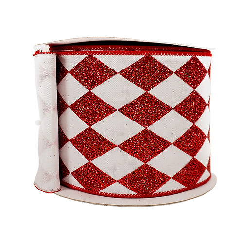 RIBBON 10YDS GLITTER JESTER DIAMONDS RED AND WHITE (2 SIZES)