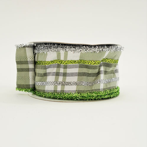 RIBBON DUPIONI PLAID TINSEL 2.5X10YDS GREEN AND SILVER