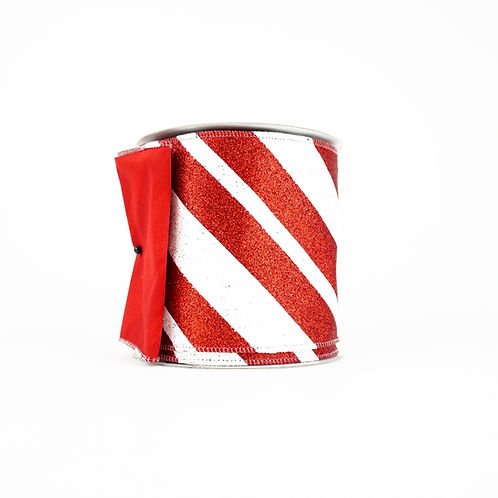 RIBBON DIAGONAL STRIPES RED,WHITE WITH GLITTER (3 SIZES)