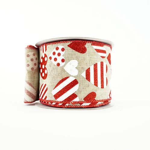RIBBON 2.5" X 10YDS HEARTS NATURAL, RED AND WHITE