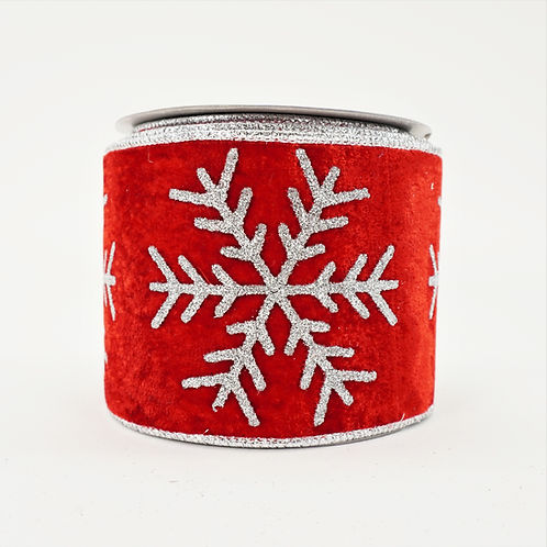 RIBBON VELVET SNOWFLAKE GLITER 4in x 10yd RED AND SILVER