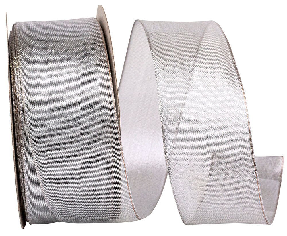 Silver 1-1/2 Inch Mesh Wired Edge Ribbon for Wreaths