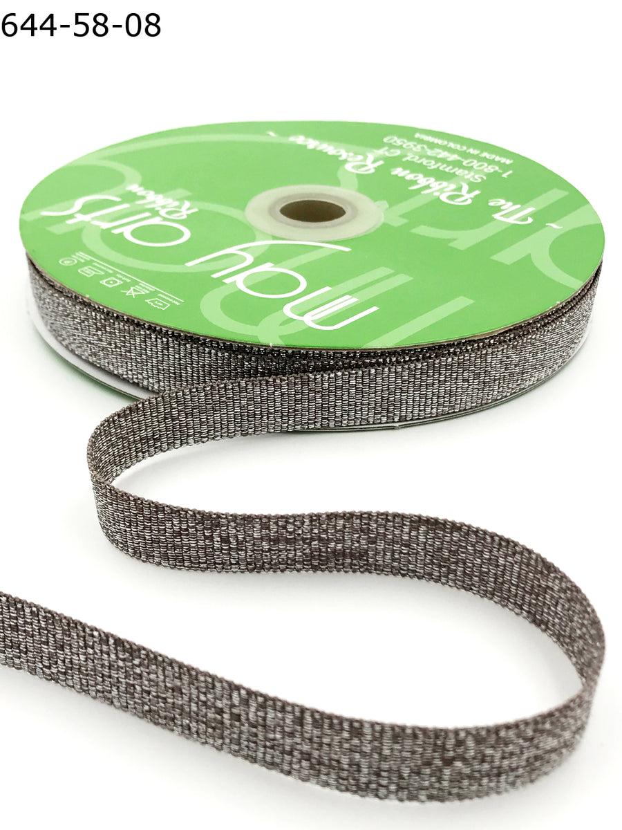 5/8 Inch Metallic Sparkle Grosgrain Ribbon with Woven Wedge – 664-58-08 TAUPE/SILVER