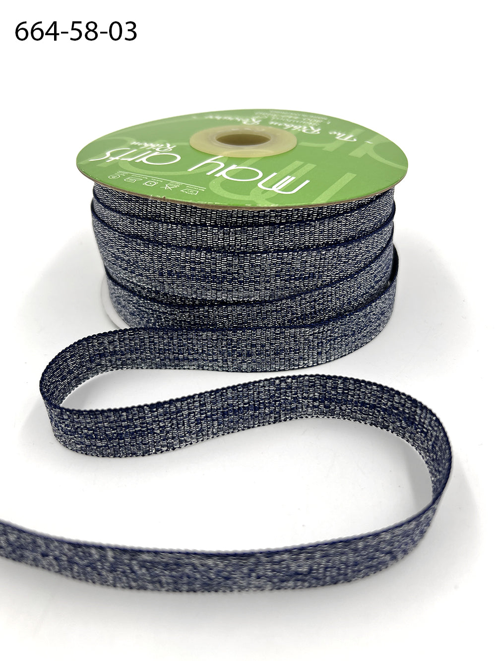 5/8 Inch Metallic Sparkle Grosgrain Ribbon with Woven Wedge – 664-58-03 NAVY SILVER