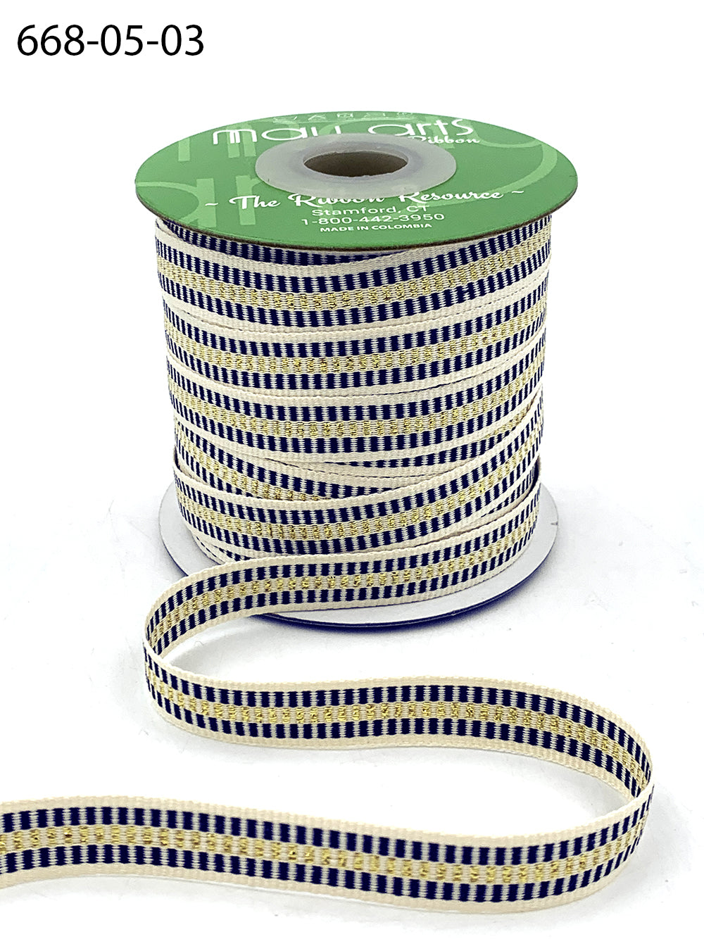 1/2 Inch Metallic Candy Cane Stripe Cotton Ribbon with Woven Edge – 668-05-03 Navy/Gold