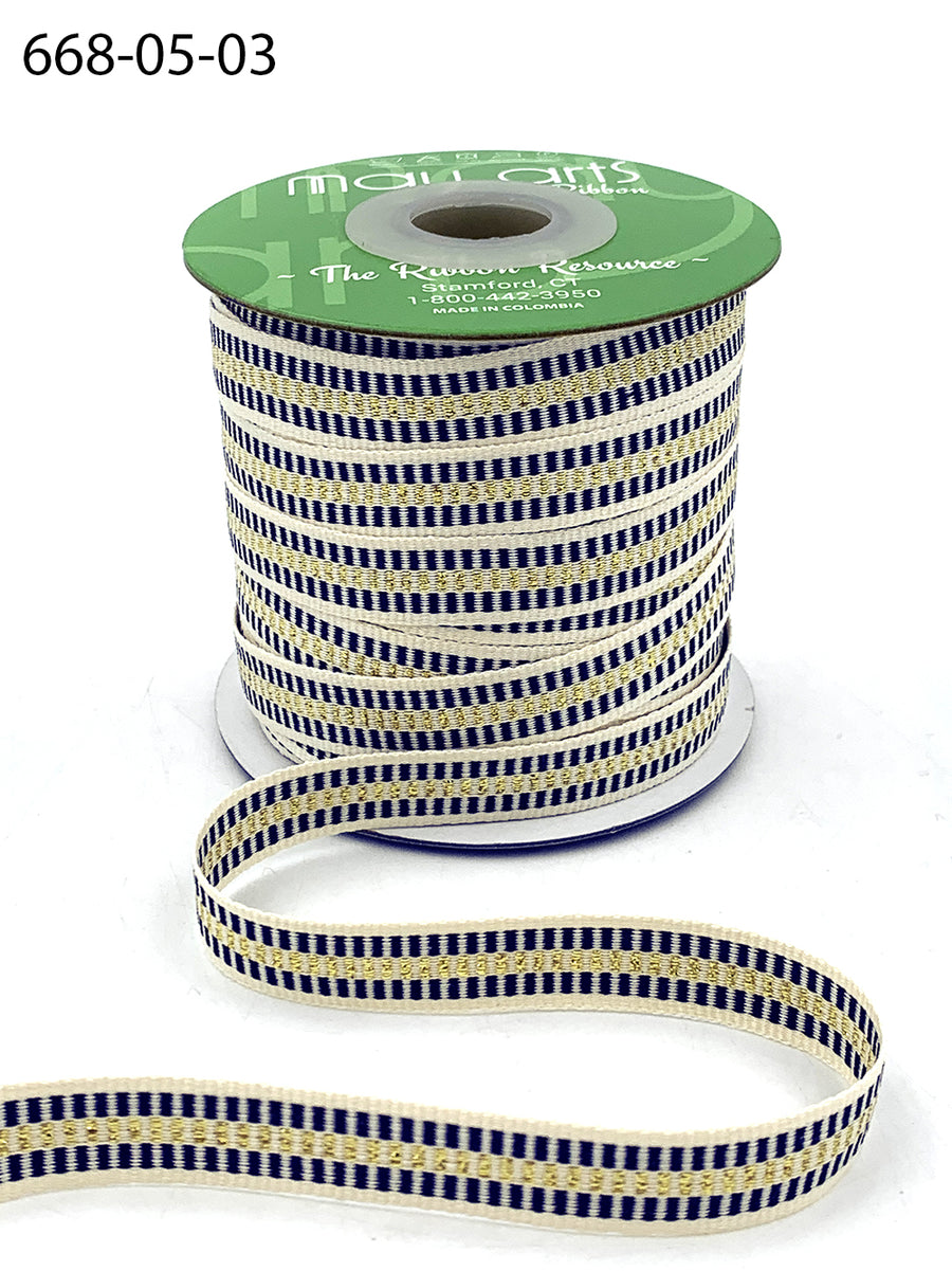 1/2 Inch Metallic Candy Cane Stripe Cotton Ribbon with Woven Edge – 668-05-03 Navy/Gold