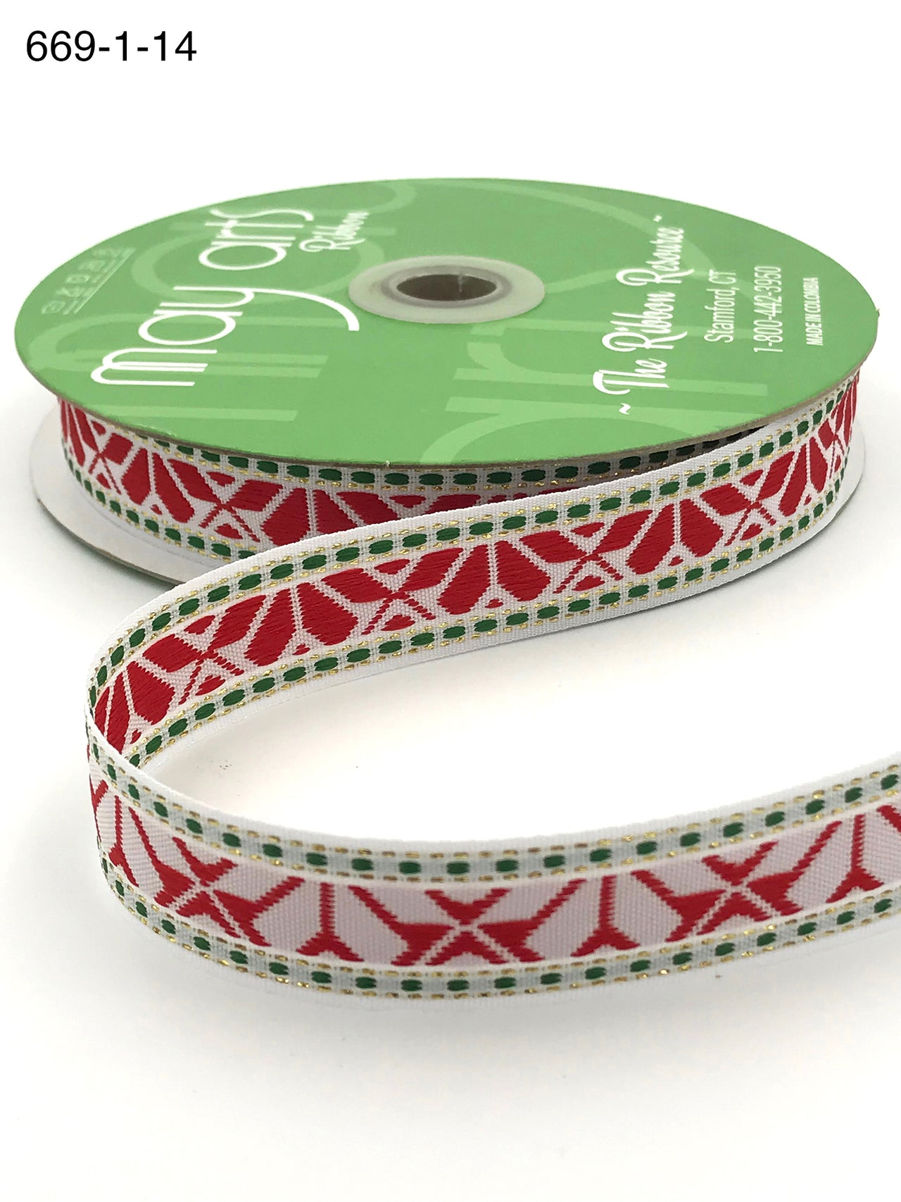1 Inch Holiday Embroidered Geo Print Ribbon with Woven Edge – 669-1-14 WHITE