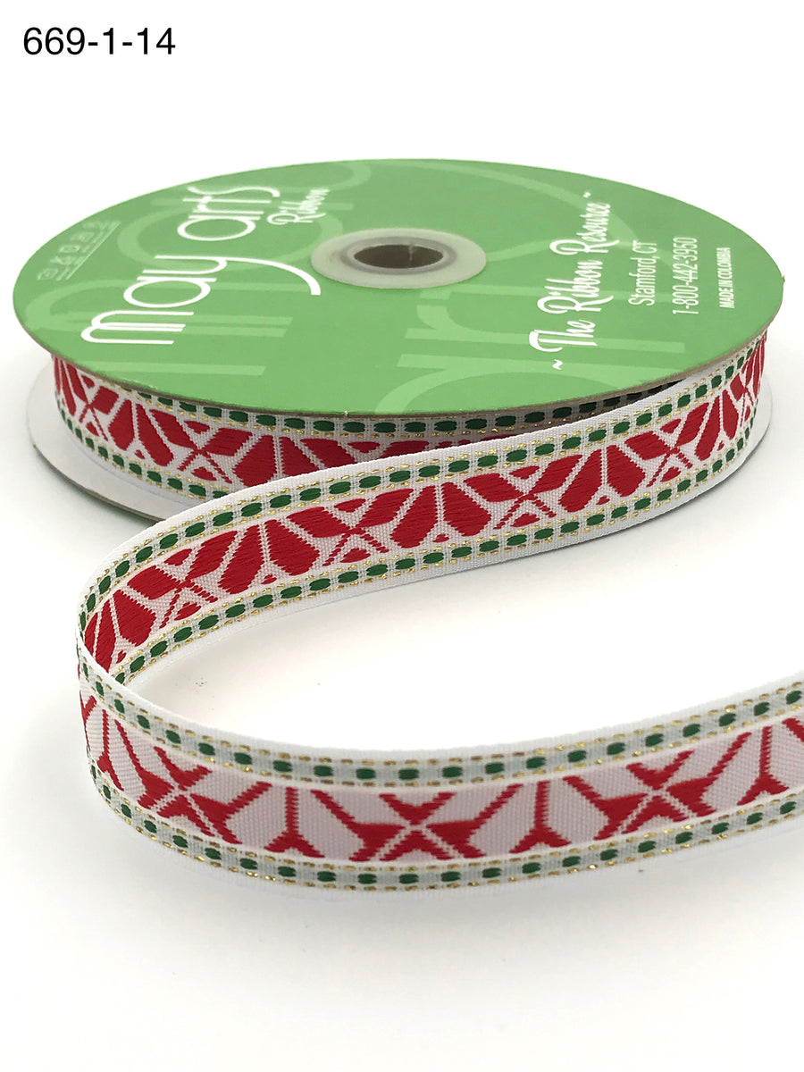 1 Inch Holiday Embroidered Geo Print Ribbon with Woven Edge – 669-1-14 WHITE