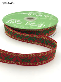1 Inch Holiday Embroidered Geo Print Ribbon with Woven Edge – 669-1-45 RED