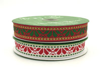 1 Inch Holiday Embroidered Geo Print Ribbon with Woven Edge