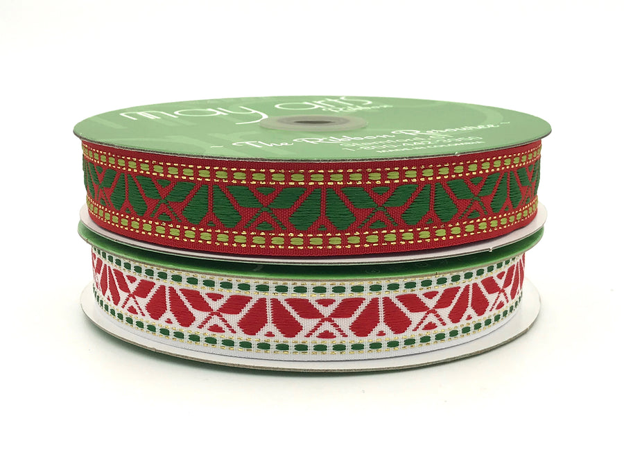 1 Inch Holiday Embroidered Geo Print Ribbon with Woven Edge