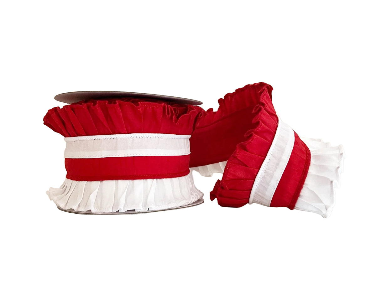 Red & White Ruffled Wired Ribbon 4"x5Y