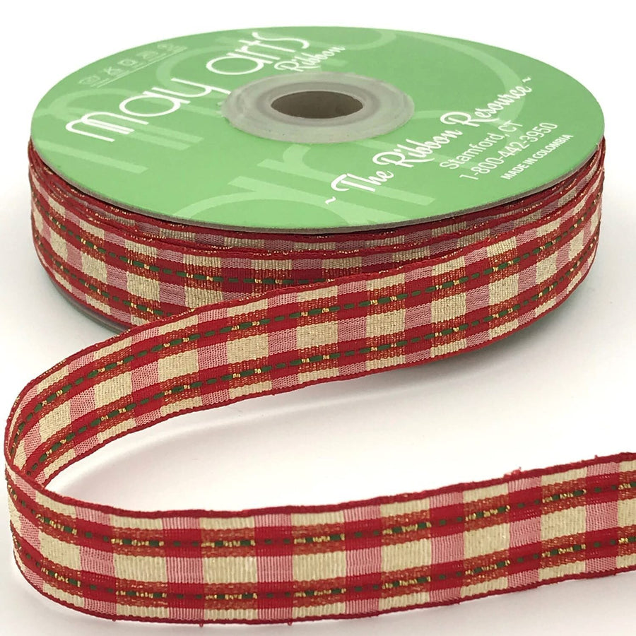 3/4 Inch Woven Metallic Red & Gold Plaid Ribbon with Woven Edge – 670-34-30 Red & Gold Plaid