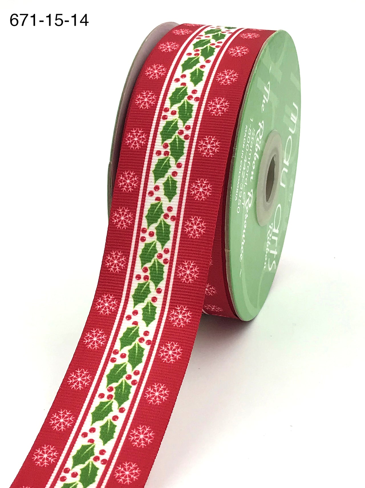 1.5 Inch Stiff Grosgrain Holly Berry Snowflake Print Ribbon with Woven Edge – 671-15-14 Holly & Snowflake Print