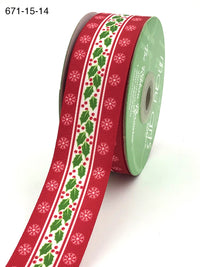 1.5 Inch Stiff Grosgrain Holly Berry Snowflake Print Ribbon with Woven Edge – 671-15-14 Holly & Snowflake Print