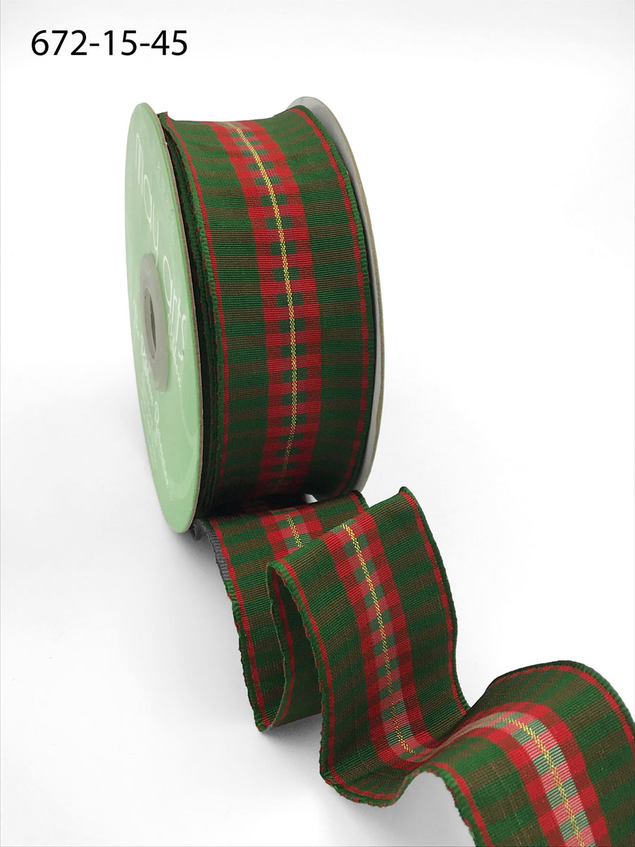 ~ 1.5″ Modern Red & Green Holiday Check Wired Ribbon – 672-15-45 Green & Red