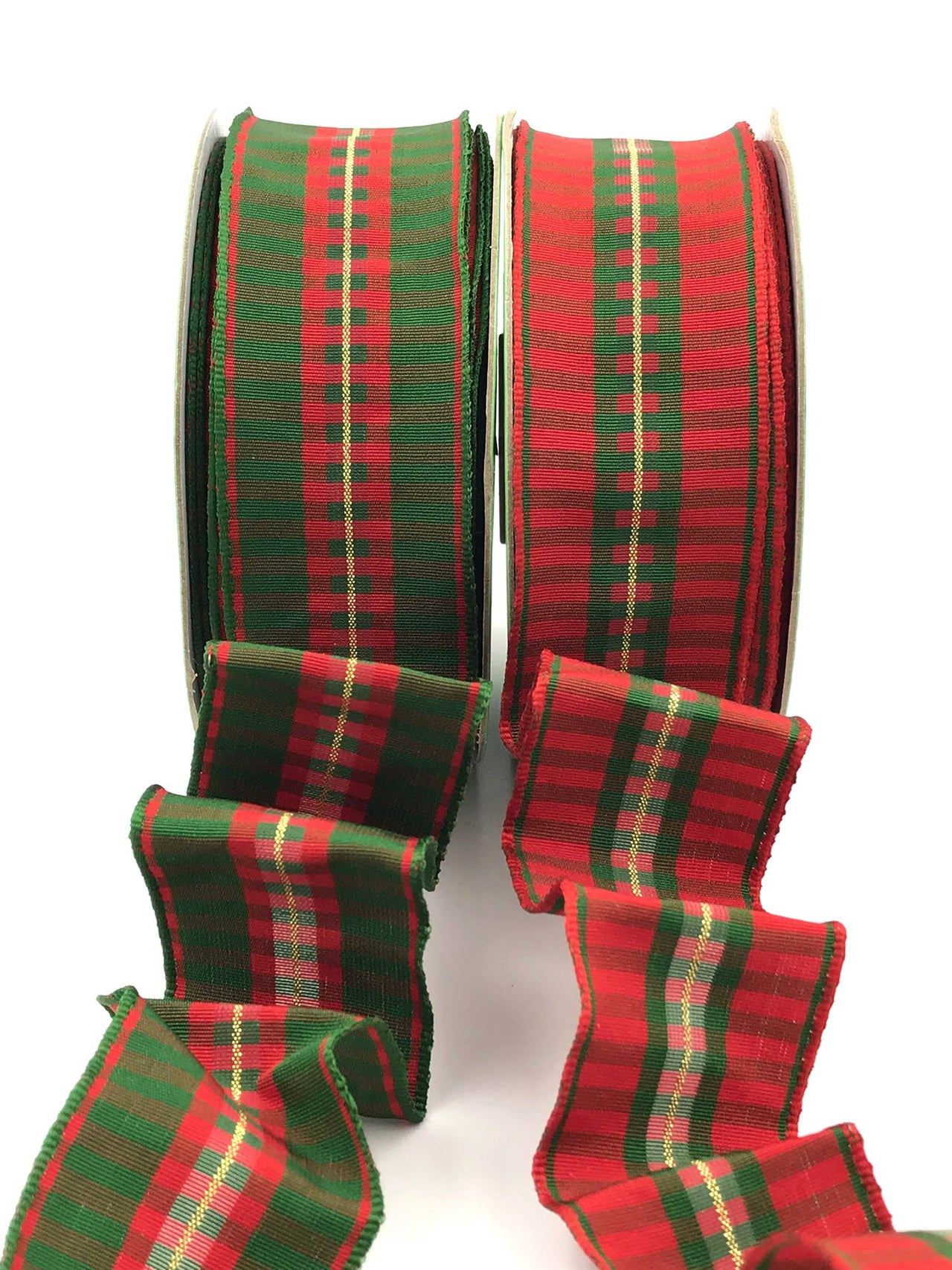 ~ 1.5″ Modern Red & Green Holiday Check Wired Ribbon