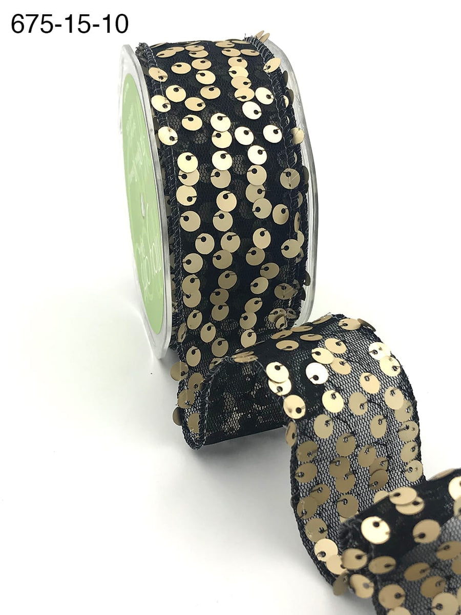 1.5 Inch Sequin Tulle Ribbon with Wired Edge – 674-15-10 Black/Gold