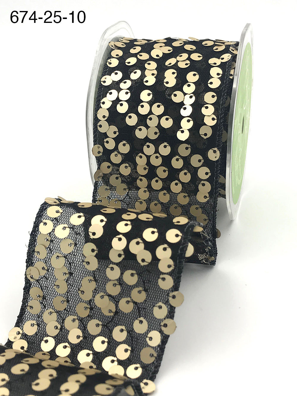 2.5 Inch Sequin Tulle Ribbon with Wired Edge – 674-25-10 Black/Gold