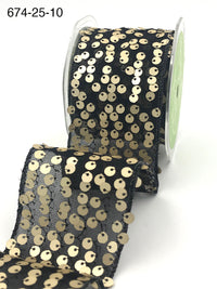 2.5 Inch Sequin Tulle Ribbon with Wired Edge – 674-25-10 Black/Gold