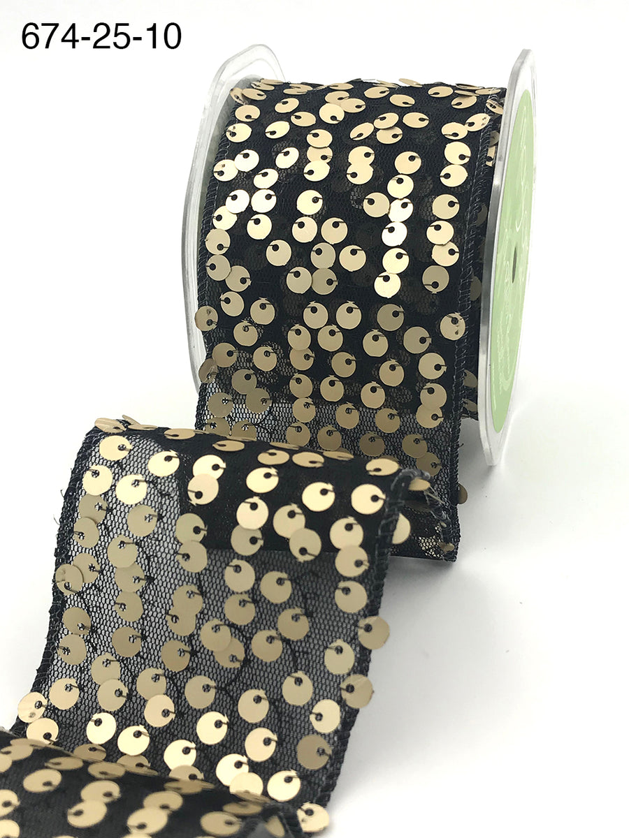 2.5 Inch Sequin Tulle Ribbon with Wired Edge – 674-25-10 Black/Gold