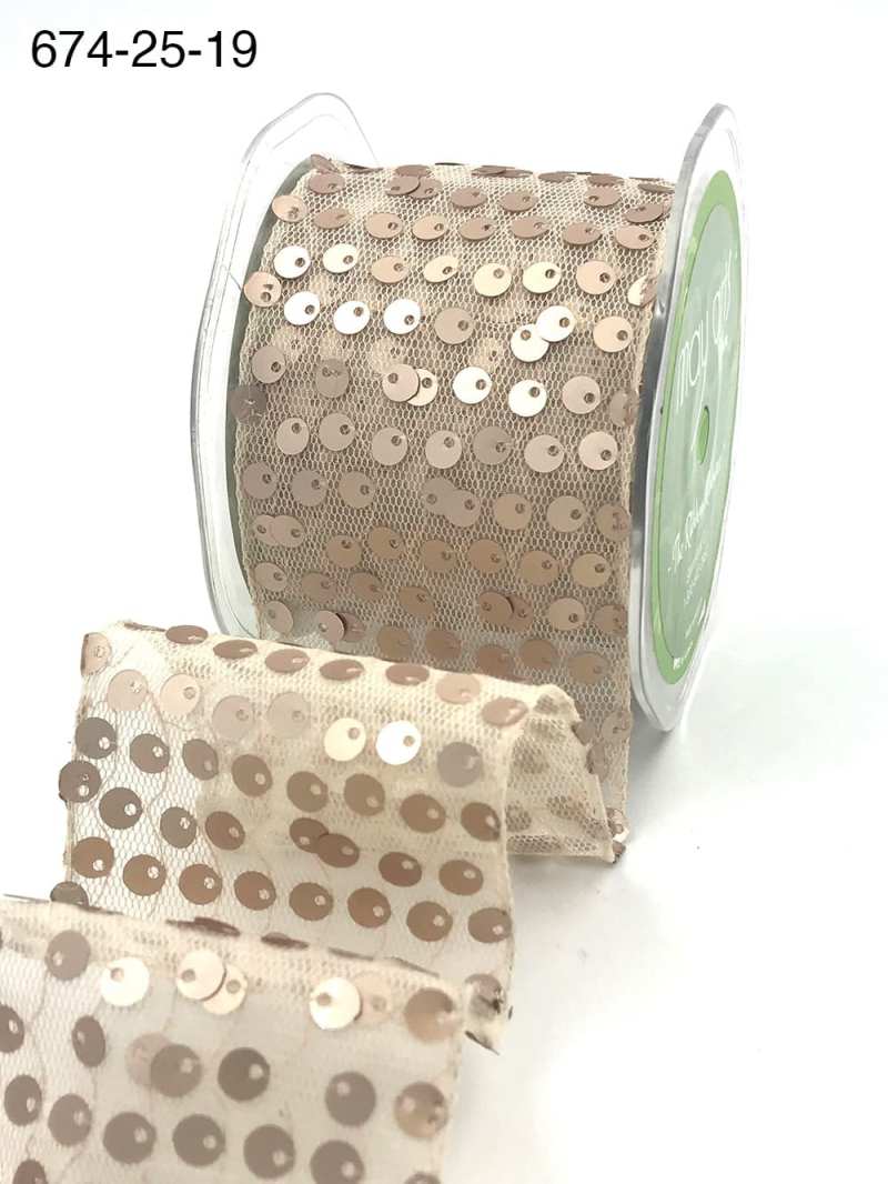2.5 Inch Sequin Tulle Ribbon with Wired Edge – 674-25-19 Champagne