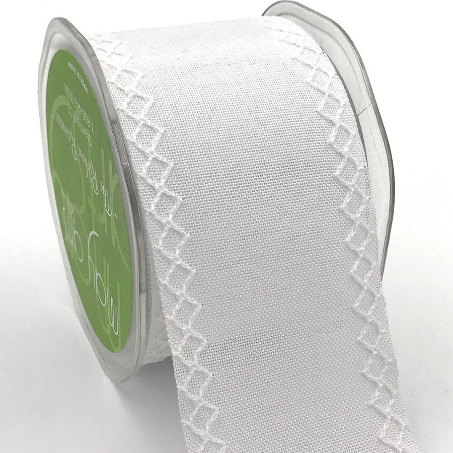 2.5 Inch White Diamond Stitch Canvas Ribbon with Cut Edge – 675-25-01 White