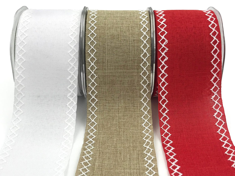2.5 Inch White Diamond Stitch Canvas Ribbon with Cut Edge