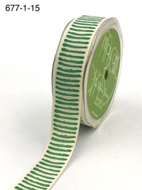 1 Inch Cotton Paint Stripe Print Ribbon with Woven Edge – 677-1-15 Natural/Green