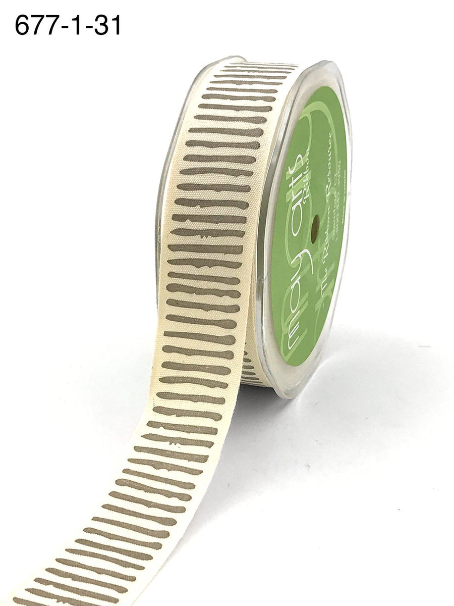 1 Inch Cotton Paint Stripe Print Ribbon with Woven Edge – 677-1-31 Natural/Grey