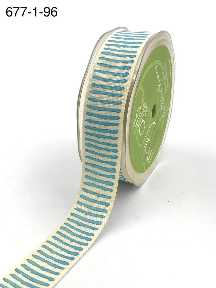 1 Inch Cotton Paint Stripe Print Ribbon with Woven Edge – 677-1-96 Natural/Turquoise