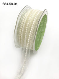 5/8 Inch Sheer Lace Trim with Pearl Center Ribbon with Scalloped Edge – 684-58-01 White
