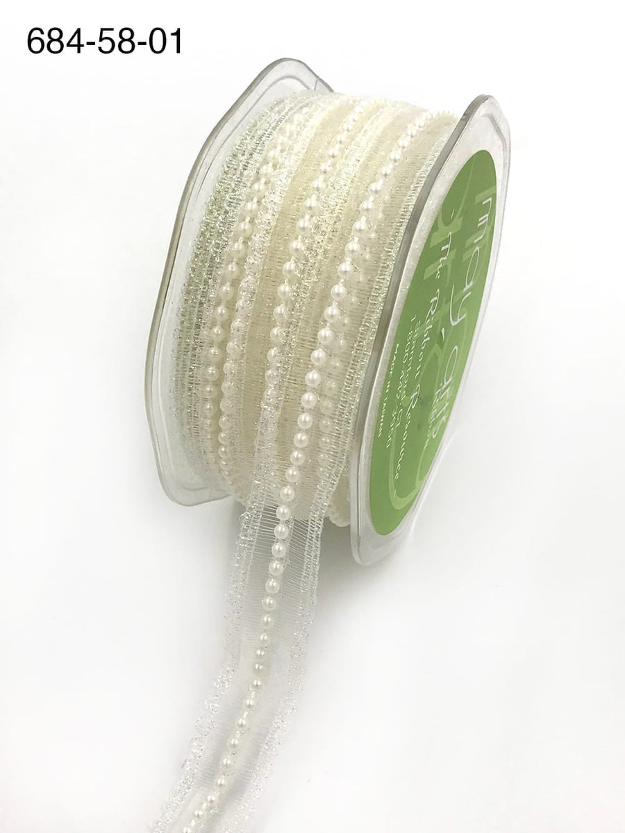 5/8 Inch Sheer Lace Trim with Pearl Center Ribbon with Scalloped Edge – 684-58-01 White