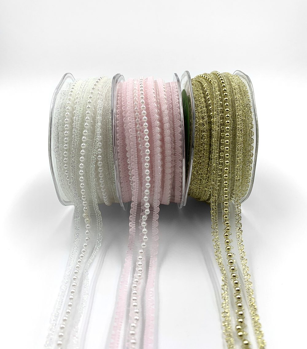 5/8 Inch Sheer Lace Trim with Pearl Center Ribbon with Scalloped Edge – 684-58-17 Pink