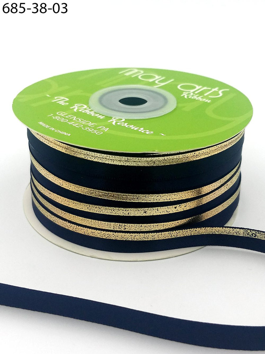 ~3/8″ Single Faced Satin Gold Foil Stripe Ribbon – 685-38-03 NAVY/GOLD