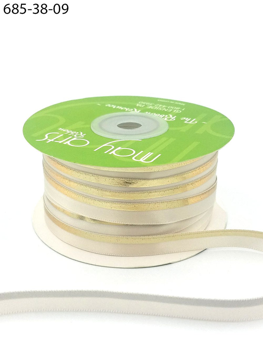 ~3/8″ Single Faced Satin Gold Foil Stripe Ribbon – 685-38-09 IVORY/GOLD