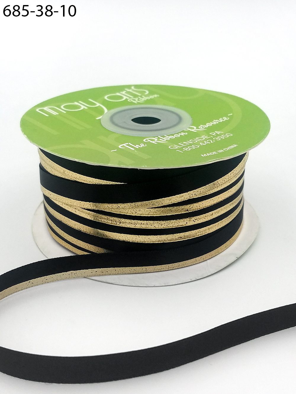 ~3/8″ Single Faced Satin Gold Foil Stripe Ribbon – 685-38-10 BLACK/GOLD