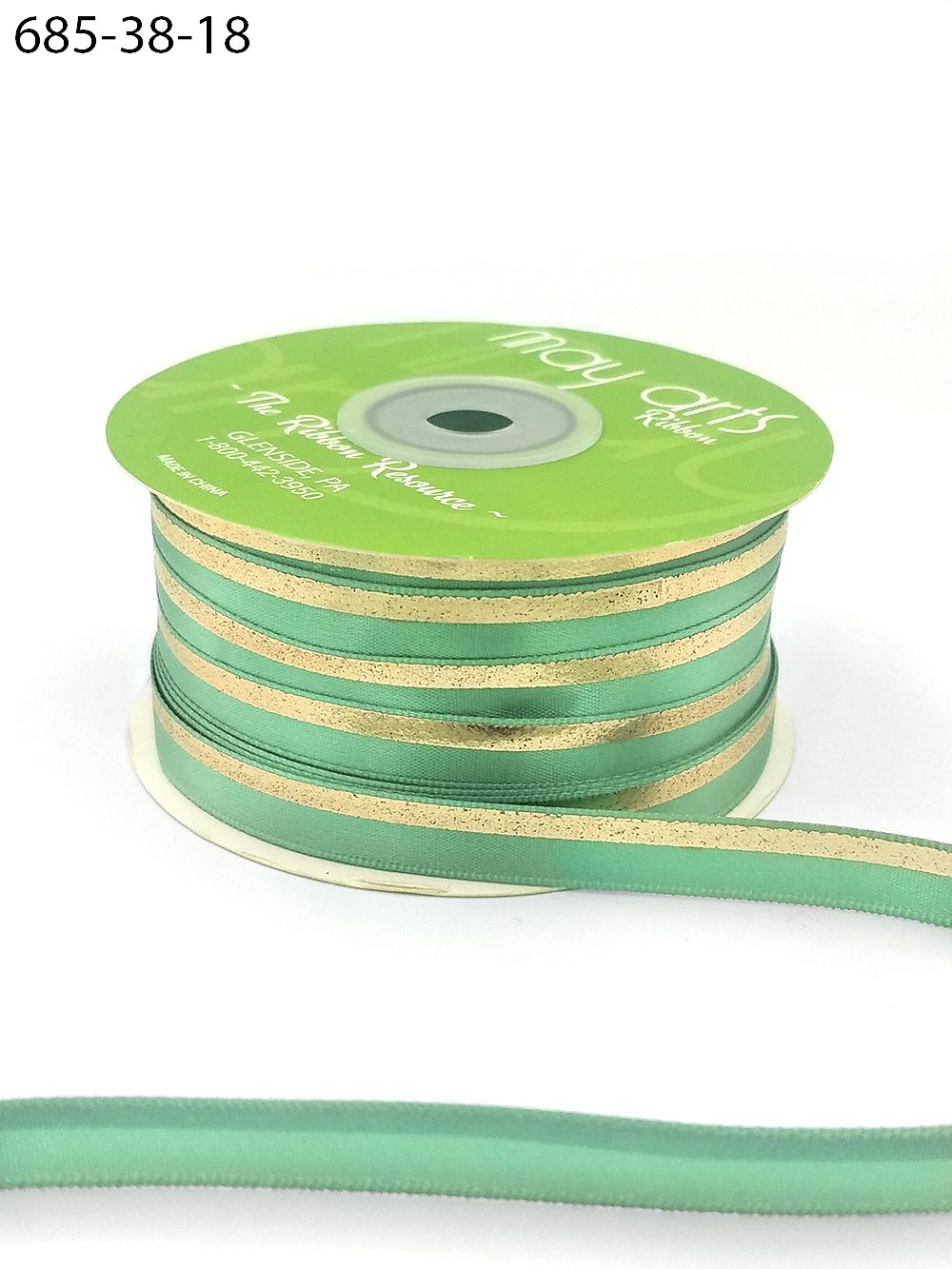 ~3/8″ Single Faced Satin Gold Foil Stripe Ribbon – 685-38-18 CELADON/ GOLD