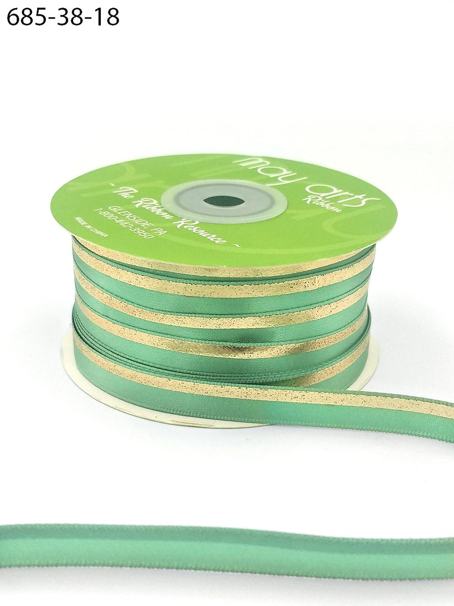~3/8″ Single Faced Satin Gold Foil Stripe Ribbon – 685-38-18 CELADON/ GOLD