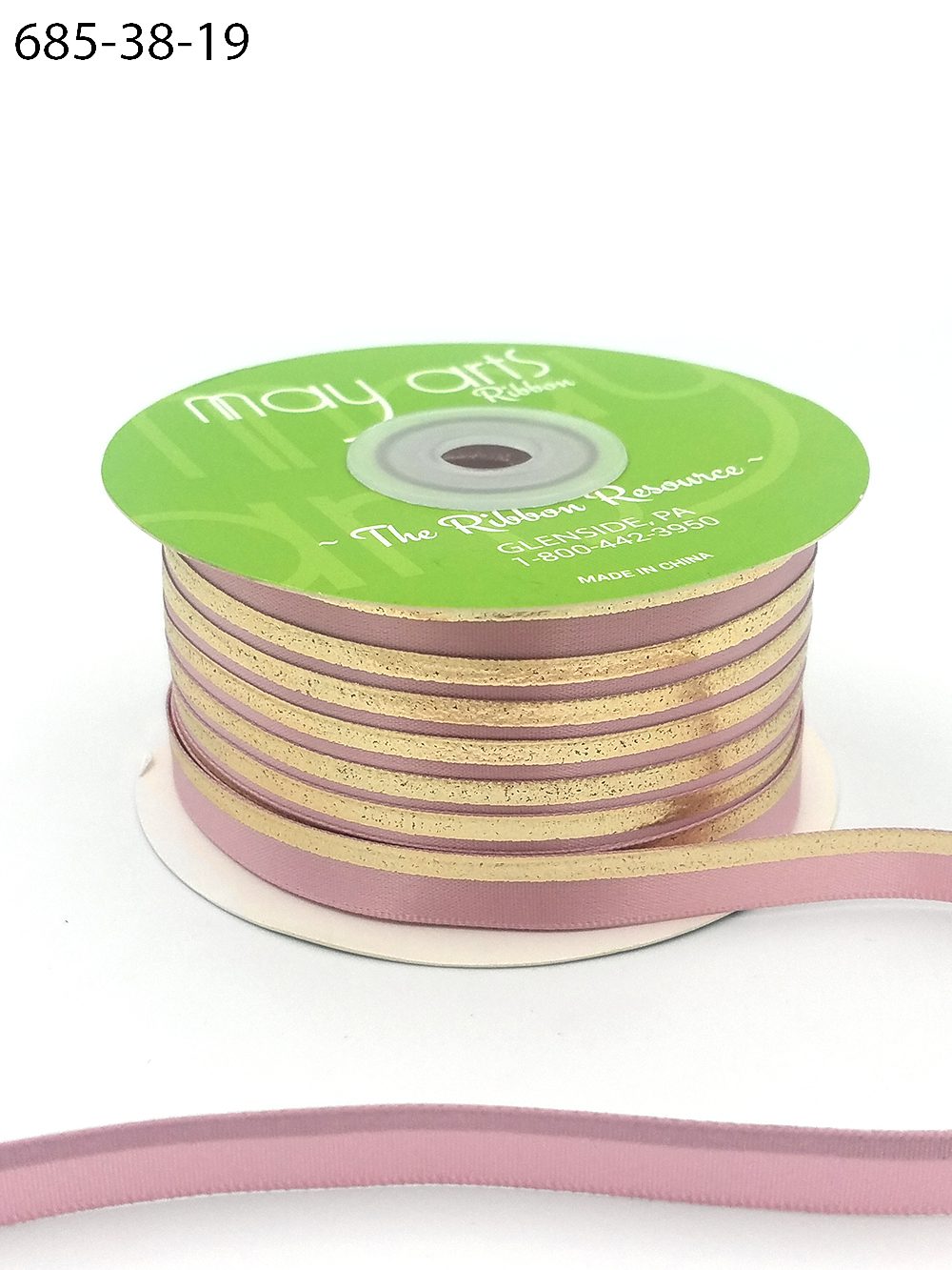~3/8″ Single Faced Satin Gold Foil Stripe Ribbon – 685-38-19 MAUVE/GOLD