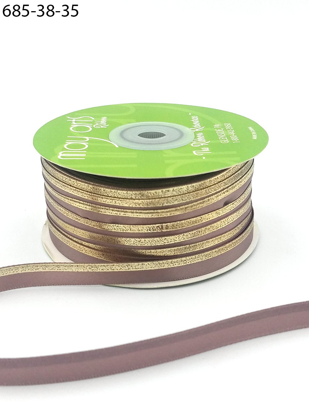 ~3/8″ Single Faced Satin Gold Foil Stripe Ribbon – 685-38-35 TAUPE/GOLD