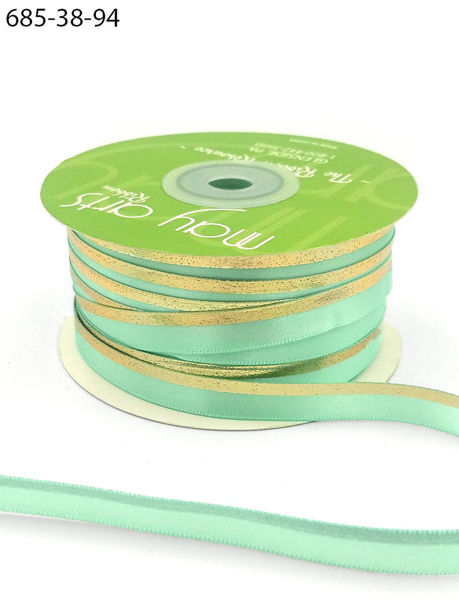 ~3/8″ Single Faced Satin Gold Foil Stripe Ribbon – 685-38-94 ROBINS EGG BLUE/GOLD