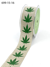 1.5″ Faux Linen Cannabis Leaf Printed Ribbon With Cut Edge – 699-25-16 CANNABIS / MARIJUANA / WEED LEAF