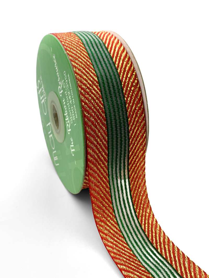 ~1.5 Inch (37mm) Herringbone With Center Stripes Farmhouse Christmas Ribbon – 702-15-44 Red & Gold Herringbone Ribbon With Green Stripes