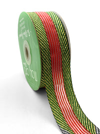 ~1.5 Inch (37mm) Herringbone With Center Stripes Farmhouse Christmas Ribbon – 702-15-45 Green & Gold Herringbone Ribbon With Red Stripes
