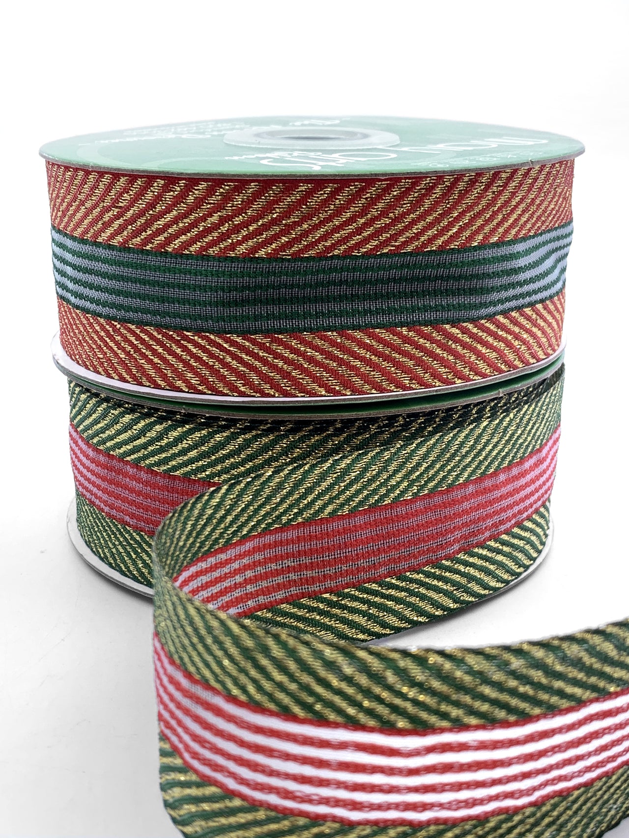 ~1.5 Inch (37mm) Herringbone With Center Stripes Farmhouse Christmas Ribbon