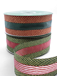 ~1.5 Inch (37mm) Herringbone With Center Stripes Farmhouse Christmas Ribbon