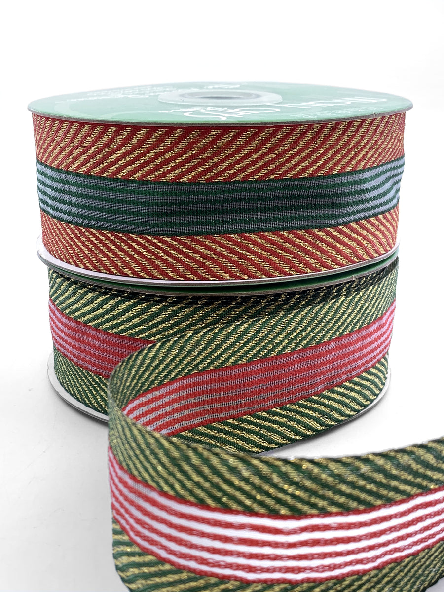 ~1.5 Inch (37mm) Herringbone With Center Stripes Farmhouse Christmas Ribbon